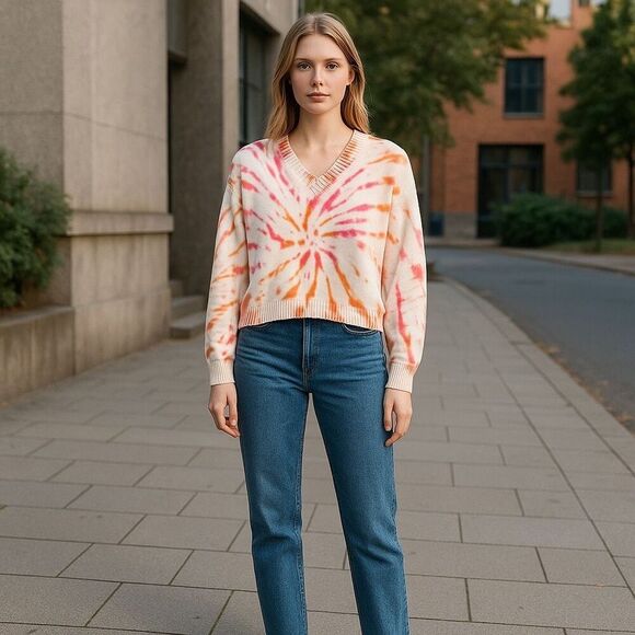 RD Style Women's Tie Dye V-Neck Knit Cotton Pullover Sweater Multicolor Small - Picture 1 of 12